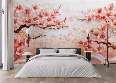 Traditional Japanese background with golden wave patterns and cherry blossoms on soft pink, isolated on white Wall mural