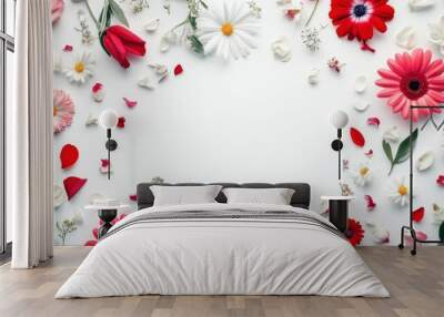 Vibrant spring garden of blooming flowers on a white background, petals open wide Wall mural