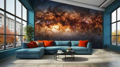 Vibrant view of the Milky Way core, with dense star fields and nebula clouds radiating colorful light Wall mural