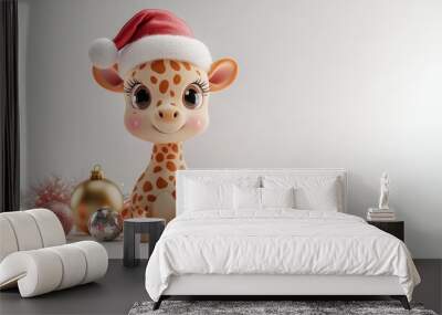 A cute cartoon giraffe wearing a Santa hat sits among Christmas ornaments on a white background. Wall mural