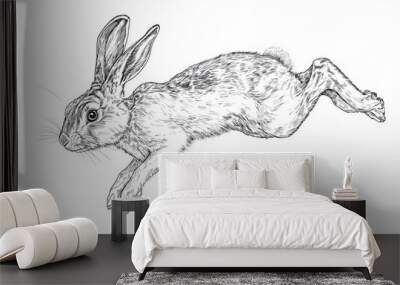 A detailed black and white line drawing of a rabbit in mid-leap. Wall mural