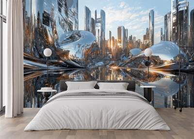 A futuristic city with shiny silver skyscrapers reflected in a water-like surface. Wall mural