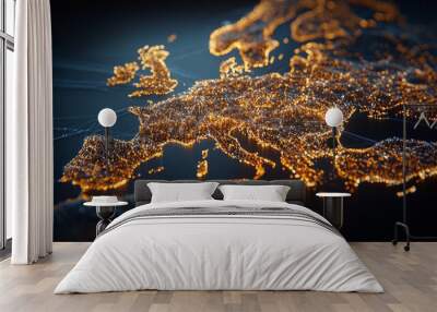 A glowing, digital map of Europe with lines connecting cities. Wall mural