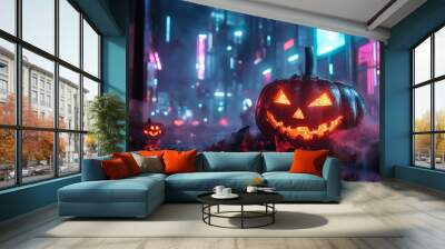 A glowing jack-o'-lantern sits on a wet city street with neon lights reflecting in the puddles. Wall mural