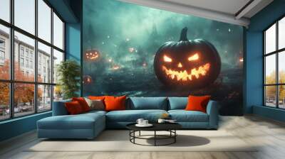 A glowing jack-o'-lantern with a creepy grin stands in a field of other pumpkins, lit by a mysterious light in a misty, spooky forest. Wall mural