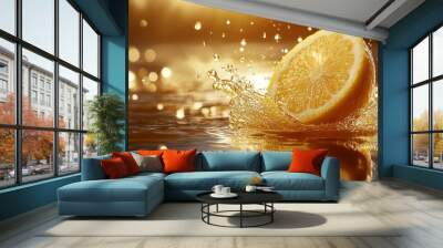 A lemon half splashes into water, creating a beautiful crown of droplets. Wall mural