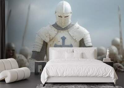 A medieval knight in full armor stands before his troops, ready for battle. Wall mural