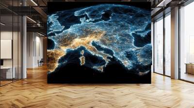 A network map of Europe, with lines connecting major cities and showing the flow of information or transportation. Wall mural