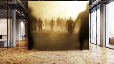 A silhouette of a large crowd of people running toward the light, with a single soccer ball in the foreground. Wall mural