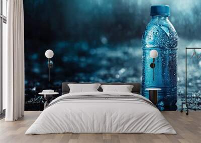 A single bottle of water with condensation on it sitting on a wet surface with a blurry background. Wall mural