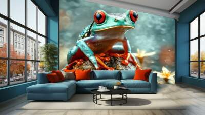 A vibrant red-eyed tree frog perched on a rock with white flowers in the background. Wall mural