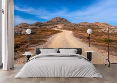 A winding dirt road leads up a hill towards a mountain peak, with a bright blue sky and scattered clouds above. Wall mural