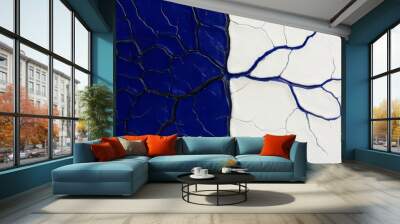 Abstract blue and white cracked paint texture with a dividing line, creating a visual contrast. Wall mural