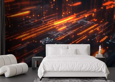 Abstract digital circuit board with glowing orange lines and dots. Wall mural