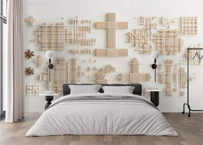 Abstract geometric pattern made from wooden elements on a white background. Wall mural