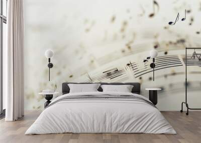 Abstract musical notes flying over sheet music. Wall mural