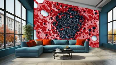 Abstract red and black splash with a central black circle, surrounded by small black dots. Wall mural