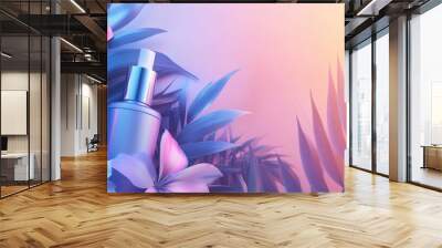 Blue and Pink Beauty Product with Tropical Leaves. Wall mural