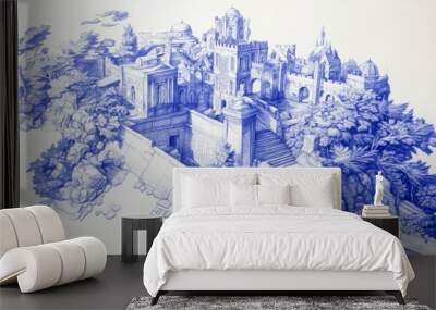 Blue ink pen drawing of an intricate city. Wall mural