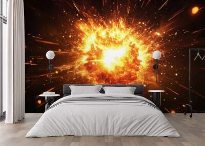 Bright orange and yellow fiery explosion with glowing embers radiating outward on a black background. Wall mural