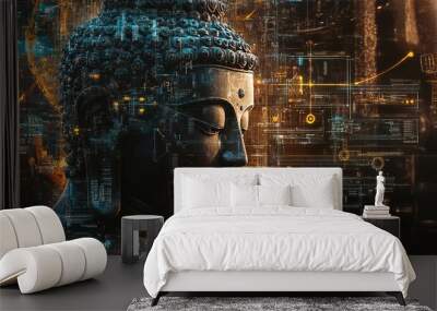 Buddha statue with digital overlay. Wall mural