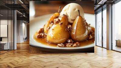 Caramelized pears with pecans and a scoop of vanilla ice cream. Wall mural