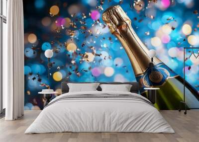 Champagne bottle popping with gold confetti against a bokeh background. Wall mural