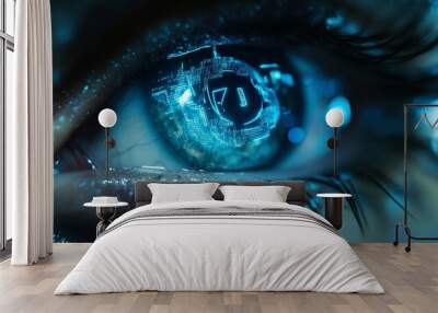 Close-up of a blue eye with digital code reflected in it. Wall mural