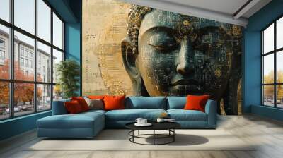 Close-up of a Buddha statue with a digital overlay. Wall mural