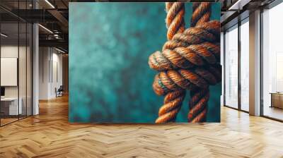 Close-up of a knotted rope against a blue background. Wall mural