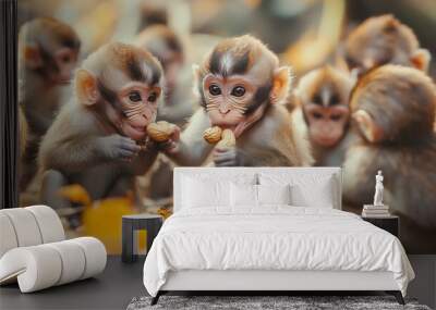 Close-up of two baby monkeys eating peanuts among a group of other monkeys in a natural setting. Wall mural