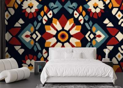 Colorful abstract pattern with geometric shapes and floral motifs on a dark blue background. Wall mural