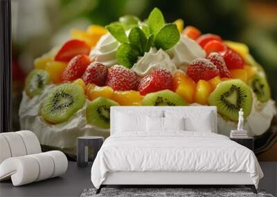 Delicious fruit meringue dessert with kiwi, strawberries, and mango. Wall mural