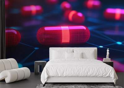 Digital pills on a network, representing digital health, online pharmacy, or pharmaceutical technology. Wall mural