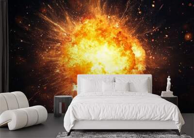 Fiery explosion with sparks against a dark background. Wall mural