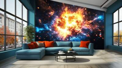 Fiery orange and blue explosion in space. Wall mural