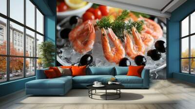 Fresh cooked shrimps on ice. Wall mural