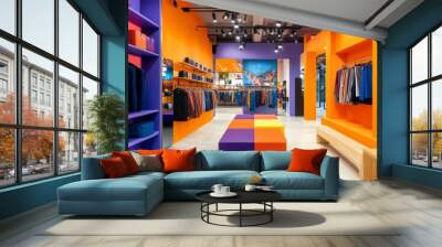 Interior of a modern clothing store with colorful walls and shelves. Wall mural