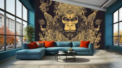 Intricate illustration of a monkey god with ornate headdress and jewelry. Wall mural