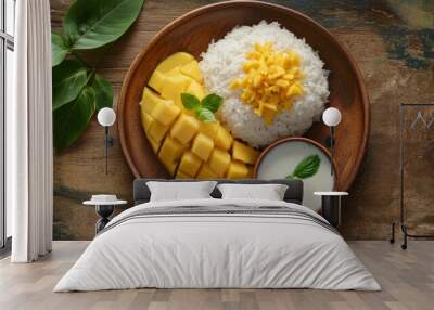 Mango sticky rice with coconut milk in wooden bowl. Wall mural