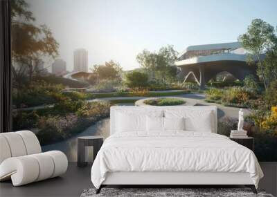 Modern architecture with a garden and a walkway in the foreground. Wall mural