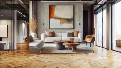 Modern living room interior with abstract art, a white sofa and two brown leather armchairs. Wall mural