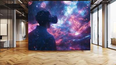 Person wearing VR headset looking at a cosmic nebula. Wall mural