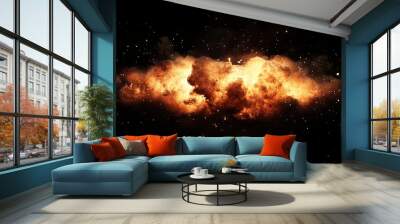 Powerful explosion with fire and smoke isolated on black background. Wall mural