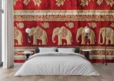 Red fabric with gold elephant and floral design. Wall mural