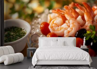 Shrimp, tomatoes, and olives on ice with a bowl of green sauce in the background. Wall mural