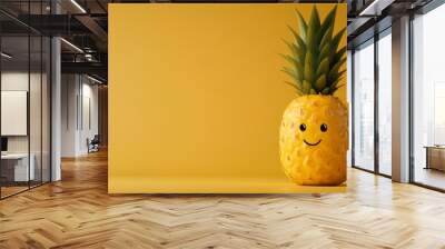 Smiling pineapple fruit on a yellow background. Wall mural