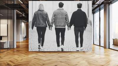 Three friends walking down a cobblestone street, holding hands. Wall mural