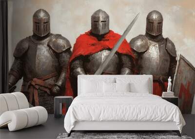 Three medieval knights in full armor, one with a red cloak and a white cross shield. Wall mural