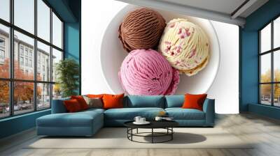 Three scoops of ice cream, chocolate, vanilla, and strawberry, in a white bowl, on a white background. Wall mural